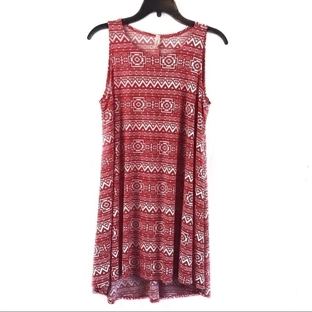 82 Days Dress High Low Red White Geometric Print Pullover Sleeveless Medium